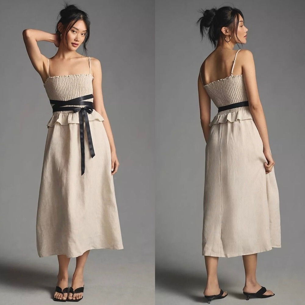 Reformation Miles Smocked Linen‎ Midi Dress, Oatmeal